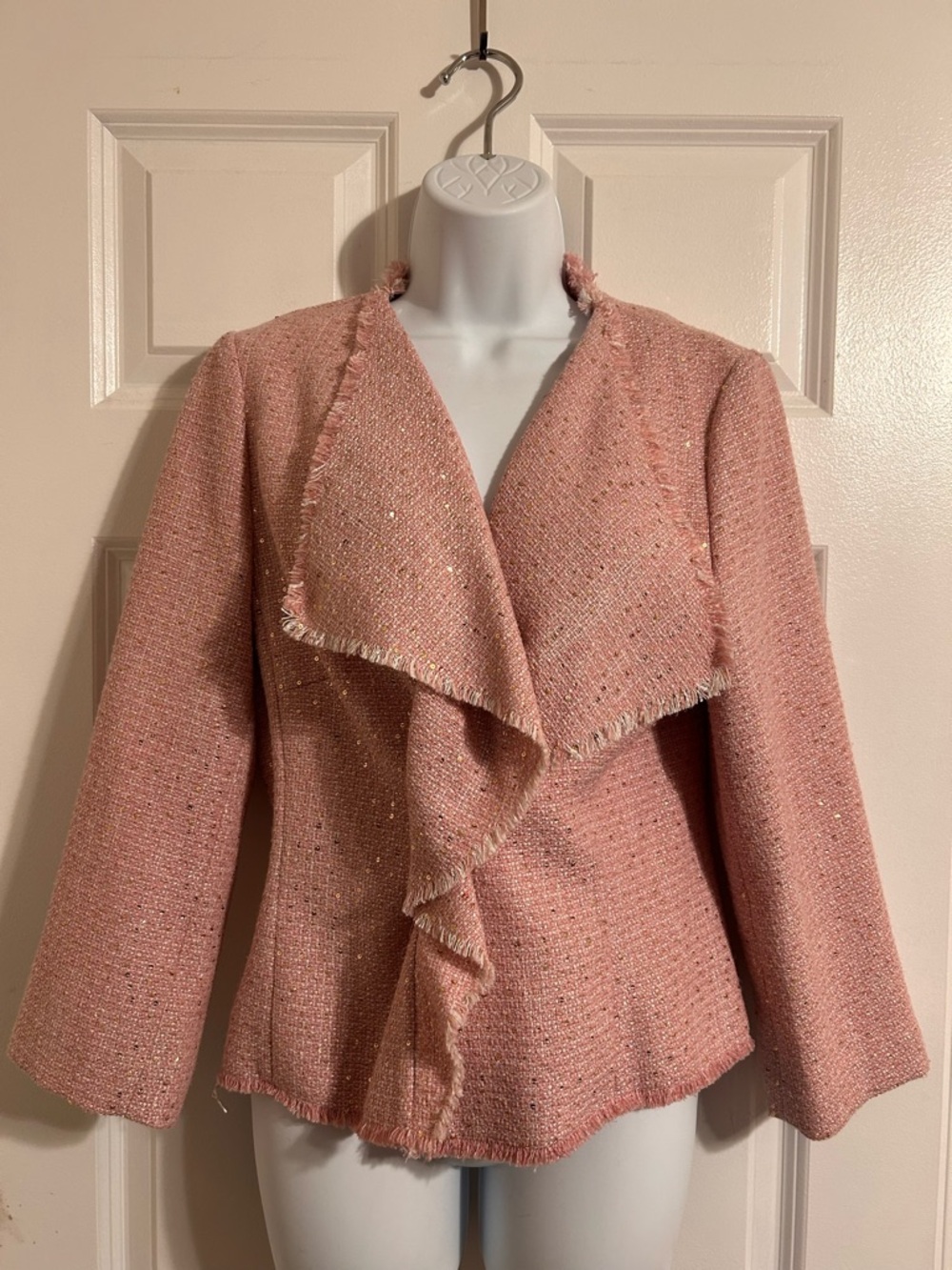 Karl Lagerfeld Pink Tweed Frayed Open-Front Blazer